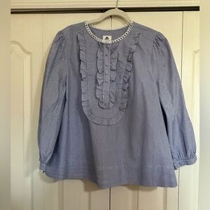 J. Crew Striped Ladies Blue and White Striped Ruffle Blouse